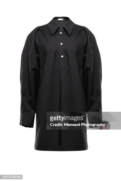 women's fashionable black long festive shirt isolated in white background, invisible mannequins - abrigo blanco artículo de moda fotografías e imágenes de stock