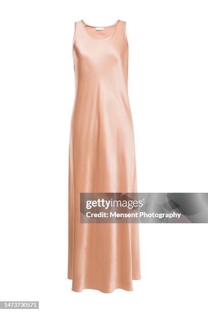 fashionable womans silk festive beige dress isolated in white background, invisible mannequin - silk garment stock pictures, royalty-free photos & images