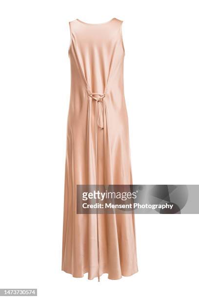fashionable silk festive beige dress isolated in white background, invisible mannequin - 長全身裙 個照片及圖片檔