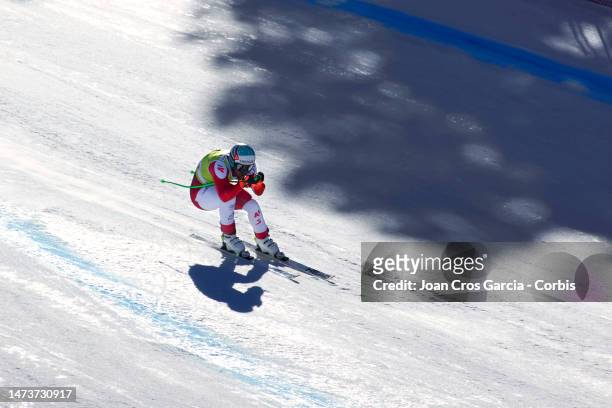Vincent Kriechmayr of Austria in action during the Audi FIS Alpine Ski World Cup Finals - Men's Downhill on March 15, 2023 in Soldeu near Andorra la...