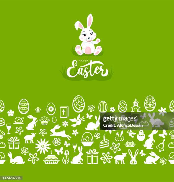 ostern nahtloses grünes muster. ikonen mit ostereiern, blumen, hasen und schmetterling. - chick egg stock-grafiken, -clipart, -cartoons und -symbole