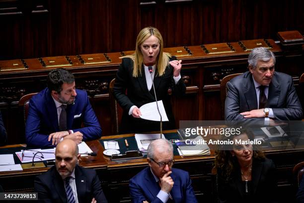 Italian Prime Minister Giorgia Meloni talks during a question time at the Chamber of Deputies, on March 15, 2023 in Rome, Italy.