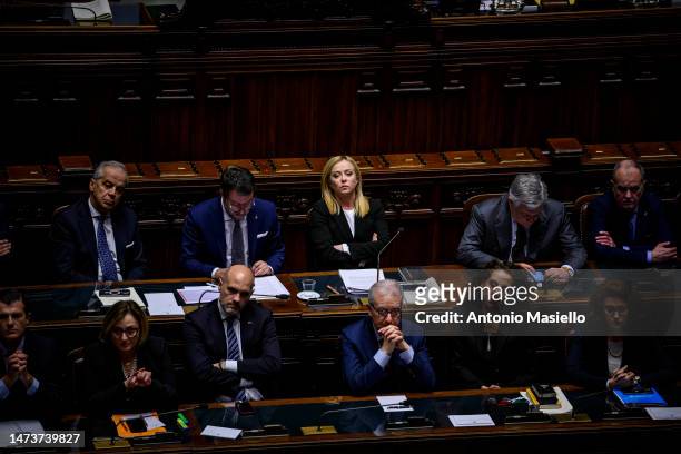 Italian Prime Minister Giorgia Meloni talks during a question time at the Chamber of Deputies, on March 15, 2023 in Rome, Italy.