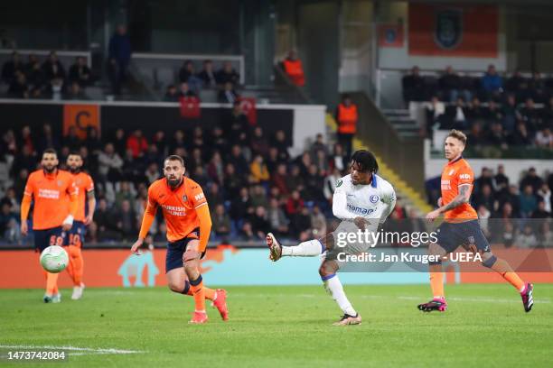 Gift Orban of KAA Gent scores the team's third goal during the UEFA Europa Conference League round of 16 leg two match between Istanbul Basaksehir...