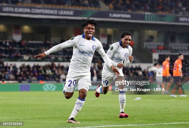 Gift Orban of KAA Gent celebrates after scoring the team's second goal with teammate Malick Fofana during the UEFA Europa Conference League round of...