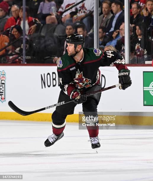 Zack Kassian of the Arizona Coyotes skates up ice against the Calgary Flames at Mullett Arena on March 14, 2023 in Tempe, Arizona.