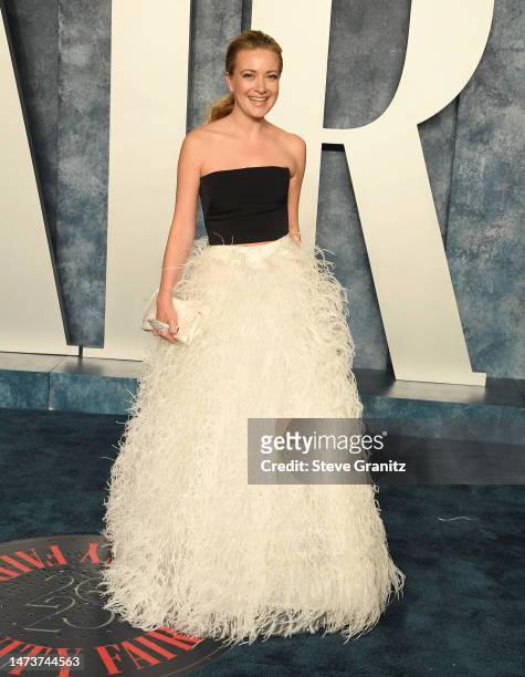 Meredith Hagner arrives at the Vanity Fair Oscar Party Hosted By Radhika Jones at Wallis Annenberg Center for the Performing Arts on March 12, 2023...