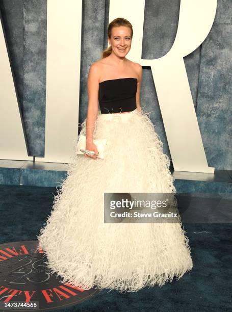 Meredith Hagner arrives at the Vanity Fair Oscar Party Hosted By Radhika Jones at Wallis Annenberg Center for the Performing Arts on March 12, 2023...