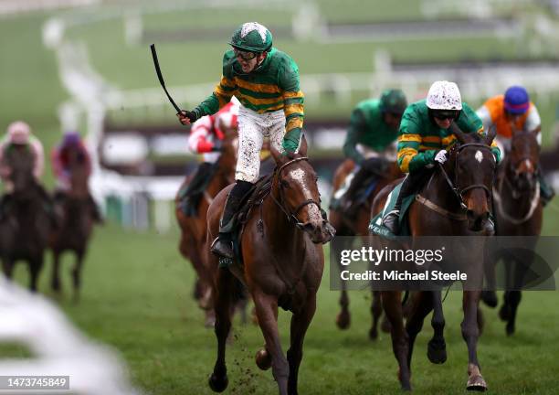 John Gleeson riding A Dream to Share celebrates winning the Champion Bumper during day two of the Cheltenham Festival 2023 at Cheltenham Racecourse...