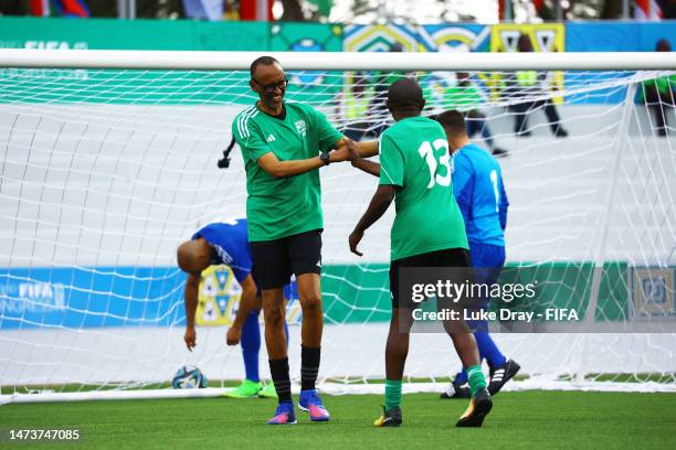 The President of Rwanda, Paul Kagame, takes part in a football match as part of the Rwandan team during the FIFA Congress Delegation Football...