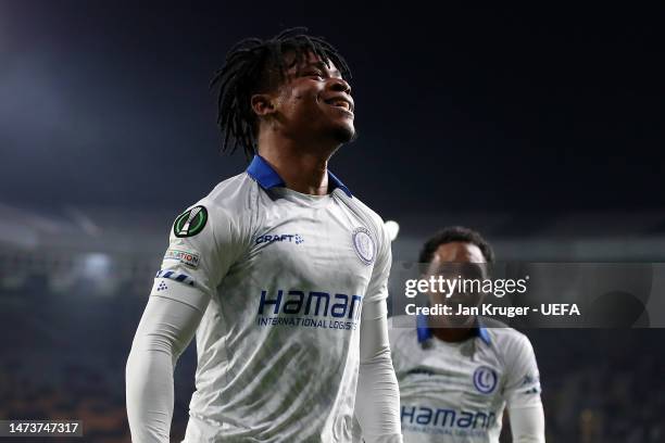 Gift Orban of KAA Gent celebrates after scoring the team's second goal with teammate Malick Fofana during the UEFA Europa Conference League round of...