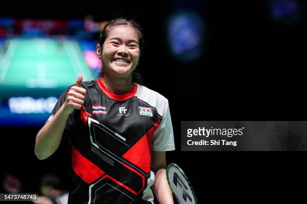 Busanan Ongbamrungphan of Thailand celebrates the victory in the Women's Singles first round match against Aya Ohori of Japan on day two of the Yonex...