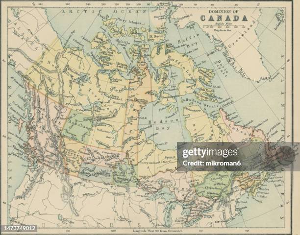 old chromolithograph map of dominion of canada - newfoundland and labrador stock pictures, royalty-free photos & images