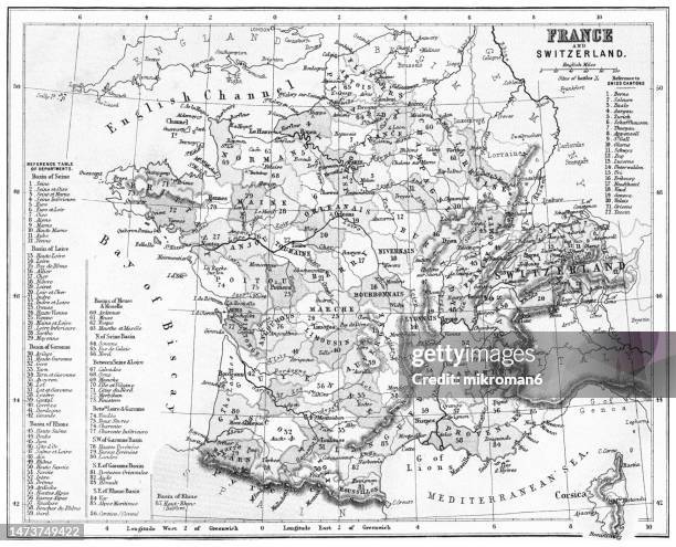 old chromolithograph map of france - england-france-map stock pictures, royalty-free photos & images