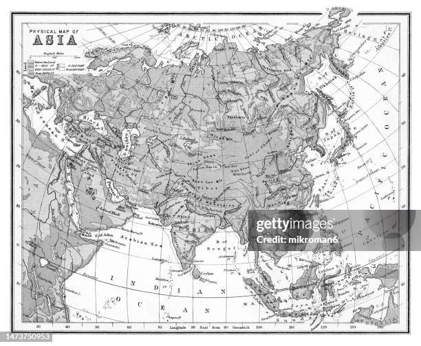 old chromolithograph map of physical map of asia - contour map stock pictures, royalty-free photos & images