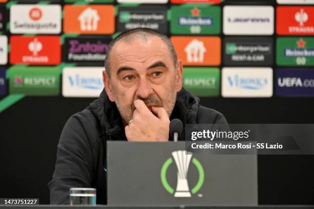 Lazio head coach Maurizio Sarri speaks during the SS Lazio press conference on March 15, 2023 in Alkmaar, Netherlands.