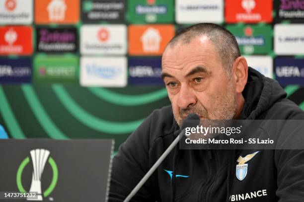 Lazio head coach Maurizio Sarri speaks during the SS Lazio press conference on March 15, 2023 in Alkmaar, Netherlands.