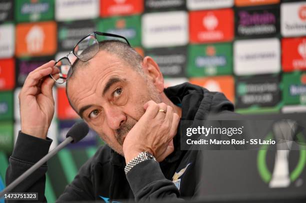 Lazio head coach Maurizio Sarri speaks during the SS Lazio press conference on March 15, 2023 in Alkmaar, Netherlands.