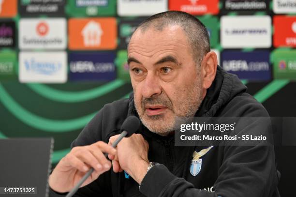 Lazio head coach Maurizio Sarri speaks during the SS Lazio press conference on March 15, 2023 in Alkmaar, Netherlands.