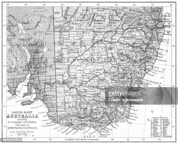 old chromolithograph map of southeast australia - queensland map stock pictures, royalty-free photos & images