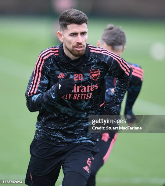 Jorginho of Arsenal during a training session ahead of their UEFA Europa League round of 16 leg two match against Sporting CP at London Colney on...