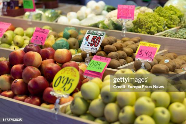 Apples and other fruits in a fruit shop at a market stall on March 15 in Madrid, Spain. The Consumer Price Index rose by 0.9% in February compared to...