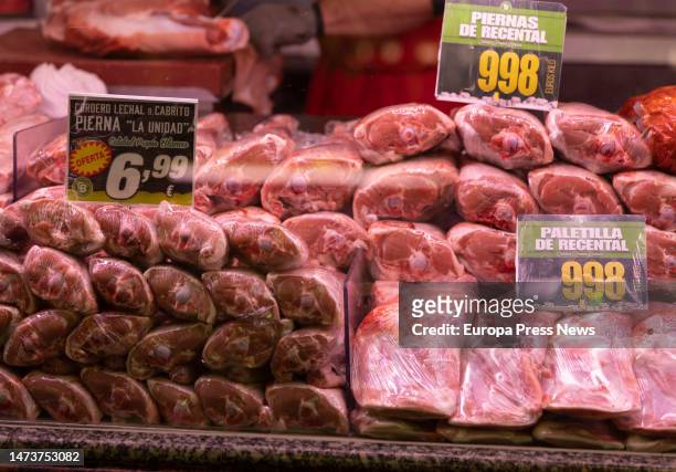 Lamb pieces displayed in a butcher's shop at a market stall on March 15 in Madrid, Spain. The Consumer Price Index has risen by 0.9% in February in...