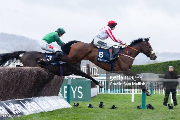 Jockey, Sam Twiston-Davies on The Real Whacker competes in the Brown Advisory Novices Steeple Chase during day two of the Cheltenham Festival 2023 at...