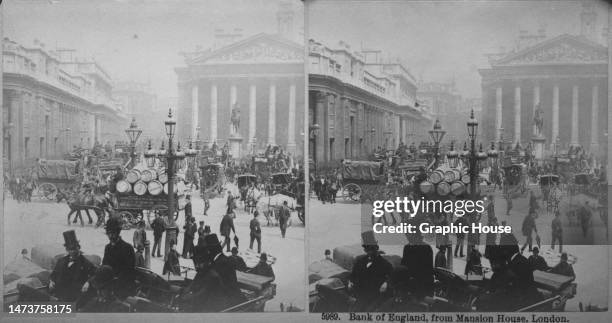 Stereoscopic image showing horsdrawn traffic, including a drayman delivering barrels, in this view of the Bank of England, seen from Mansion House,...