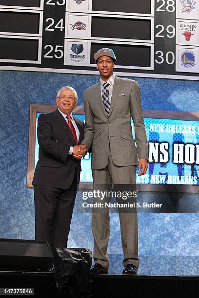 Anthony Davis shakes hands with NBA Commissioner David Stern after being selected number one overall by the New Orleans Hornets during the 2012 NBA...
