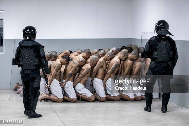 Second group of 2,000 detainees are moved to the mega-prison Terrorist Confinement Centre on March 15, 2023 in Tecoluca, El Salvador. Since president...