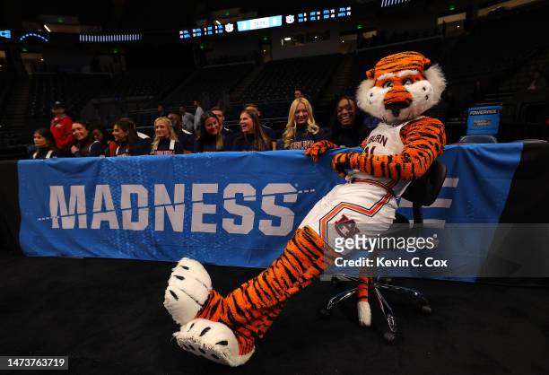 Aubie, mascot for the Auburn Tigers, sits with the cheerleaders during a practice session ahead of the first round of the NCAA Men's Basketball...