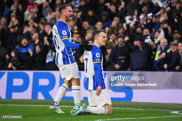 Solly March of Brighton & Hove Albion celebrates after scoring the team's first goal during the Premier League match between Brighton & Hove Albion...