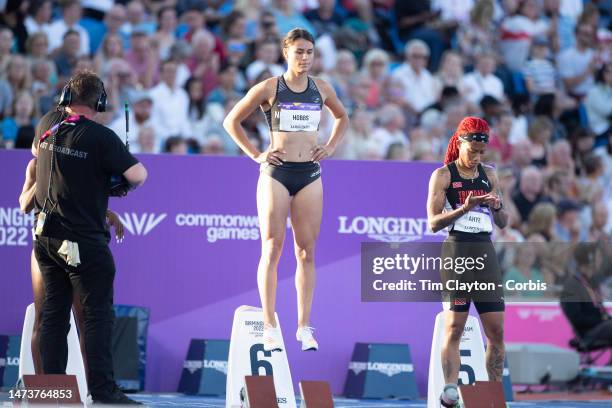 Zoe Hobbs of New Zealand prepares for the start of the Women's 100m Semi-Final during the Athletics competition at Alexander Stadium during the...