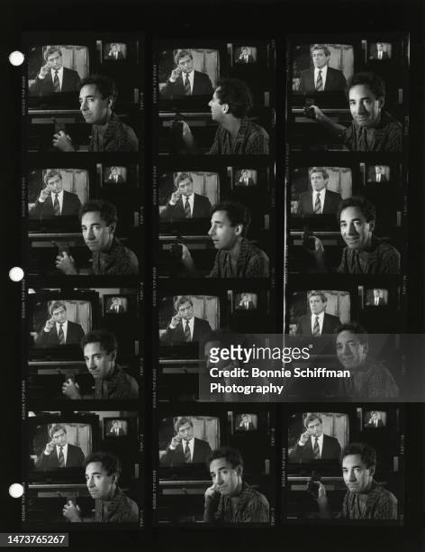 Comedian Harry Shearer poses in front of a turned on television in Los Angeles in 1990 in these twelve images on a single proof sheet.