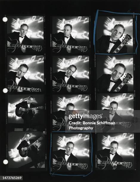 Comedian and musician Christopher Guest poses with a guitar in Los Angeles in 1990 in these twelve images on a single proof sheet.