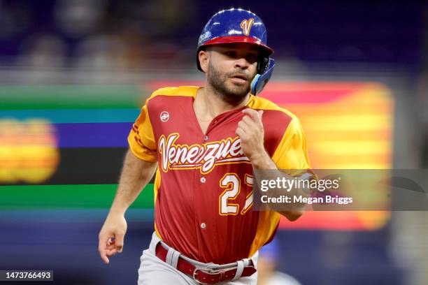 Jose Altuve of Team Venezuela runs to third base against Team Israel during the third inning in a World Baseball Classic Pool D game at loanDepot...