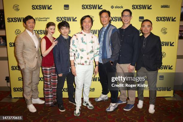 Chin Han, Sydney Taylor, Ben Wang, Kelvin Yu, Daniel Wu, Gene Luen Yang, and Melvin Mar attend "American Born Chinese" world premiere at SXSW at The...