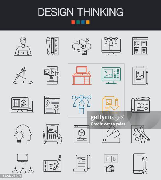 design thinking line icons editable stroke. design , creative ideas , prototyping , designer , brainstorming , design software - design thinking workshop stock illustrations
