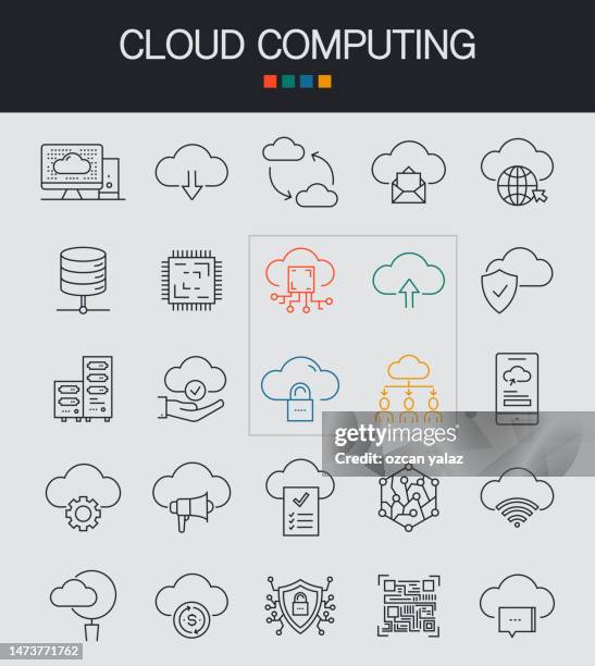 cloud computing line icons editable stroke. cloud security , cloud hosting , system backup , data storage - data center icon editable stock illustrations