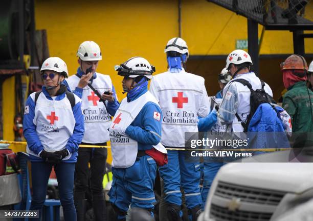 Emergency responders stand by after an explosion at a coal mine on March 15, 2023 in Sutatausa, Cundinamarca Colombia. The accident was caused by an...