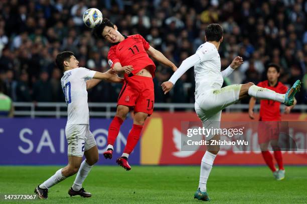 Kang Seongjin of South Korea heads the ball during the match between Uzbekistan and South Korea for Semi Finals - AFC U20 Asian Cup Uzbekistan at...