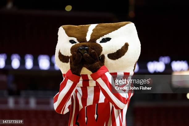 Bucky Badger during the first half of the game between the Wisconsin Badgers and the Bradley Braves at Kohl Center on March 14, 2023 in Madison,...
