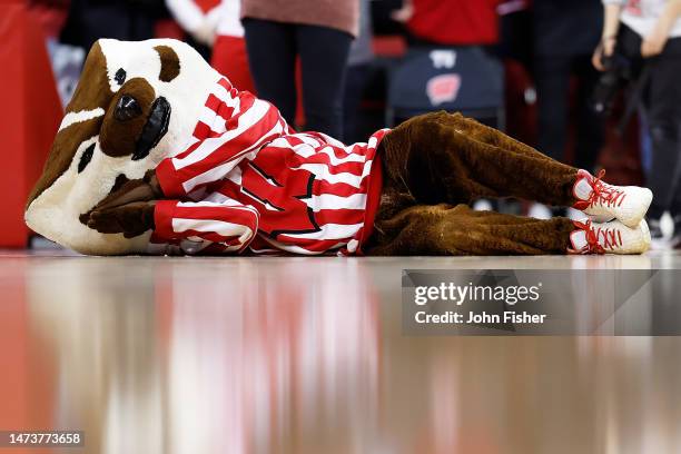 Bucky Badger before the game between the Wisconsin Badgers and the Bradley Braves at Kohl Center on March 14, 2023 in Madison, Wisconsin.
