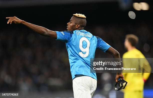 Victor Osimhen of SSC Napoli celebrates after scoring the team's first goal during the UEFA Champions League round of 16 leg two match between SSC...