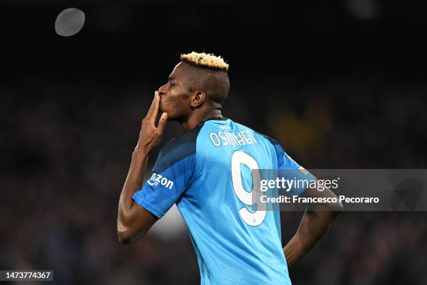 Victor Osimhen of SSC Napoli celebrates after scoring the team's first goal during the UEFA Champions League round of 16 leg two match between SSC...