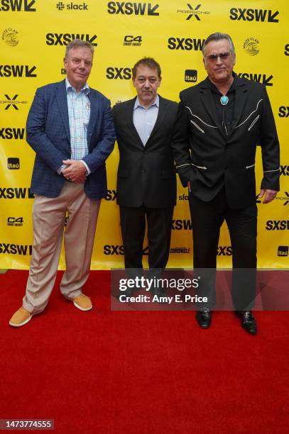 Rob Tapert, Sam Raimi and Bruce Campbell attend the "Featured Session: Evil Dead Rise: Flesh-Possessing Demons Come Home" during the 2023 SXSW...