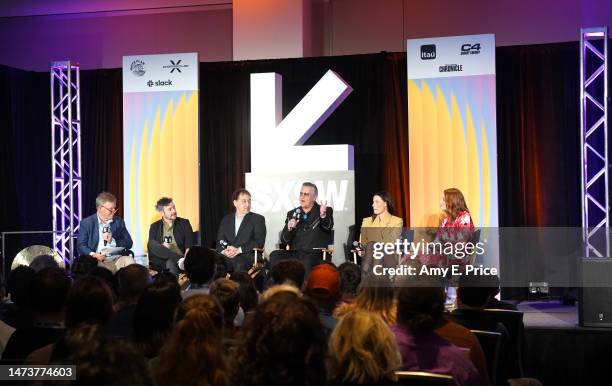 Rob Tapert, Lee Cronin, Sam Raimi, Bruce Campbell, Lily Sullivan and Alyssa Sutherland speak onstage at "Featured Session: Evil Dead Rise:...