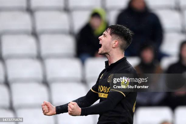 James McAtee of Sheffield United celebrates after scoring the team's first goal during the Sky Bet Championship between Sunderland and Sheffield...