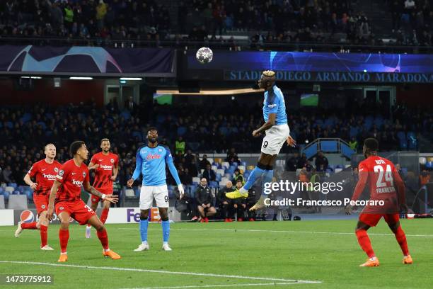 Victor Osimhen of SSC Napoli scores the team's first goal during the UEFA Champions League round of 16 leg two match between SSC Napoli and Eintracht...